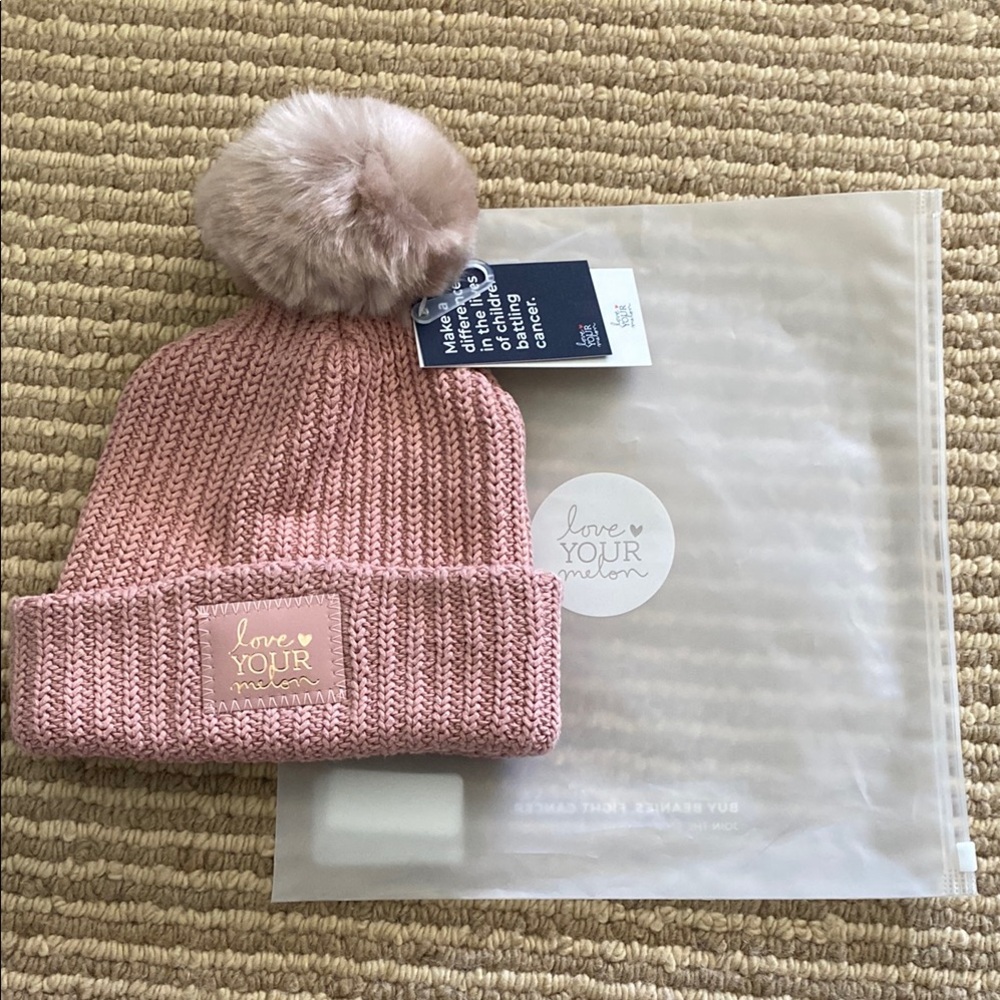 Love your melon . Misty Rose Rose Foil Pom Beanie
